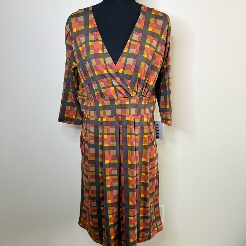 Karina Plaid Faux Wrap Travel Dress Fall Colors XL